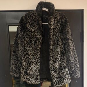 Miss Me Black and Gray Leopard Faux Fur Jacket